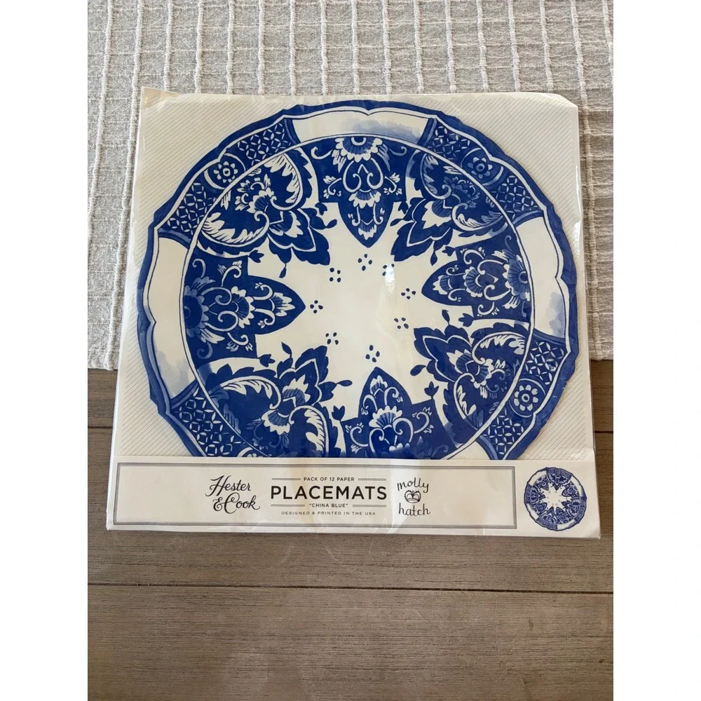 Hester & Cook Molly Hatch China Blue Paper Placemats Pack 12 Floral Blue White